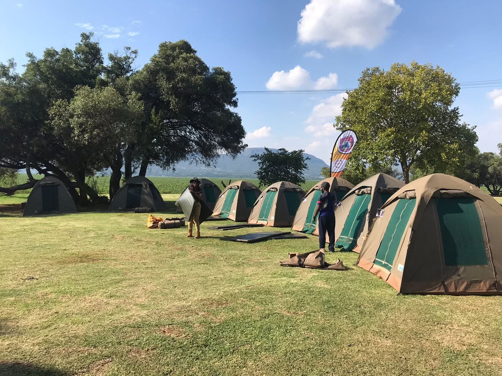 Rows of camping tents on an open green lawn